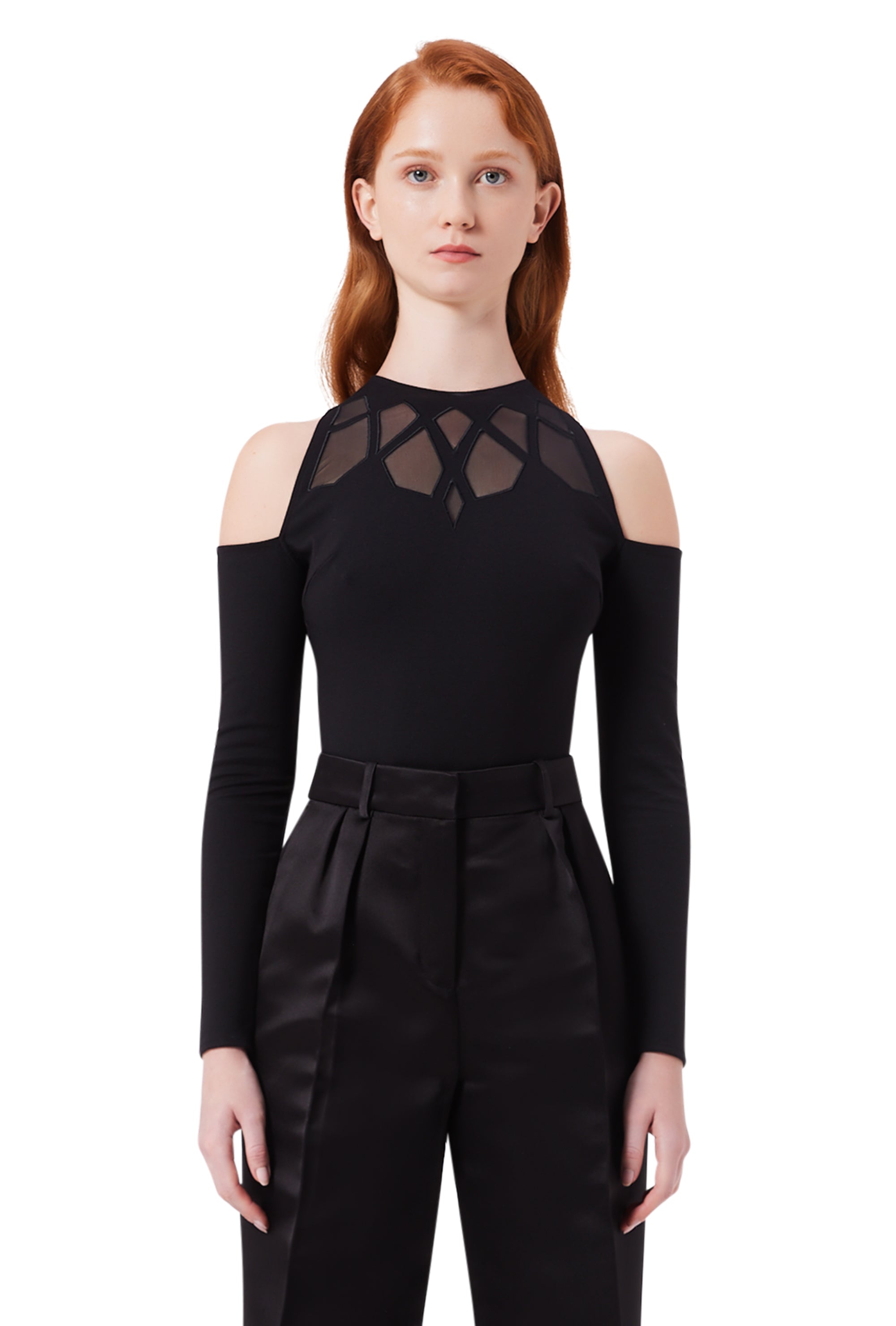 Lumière Off the Shoulder Mesh Bodysuit in Black