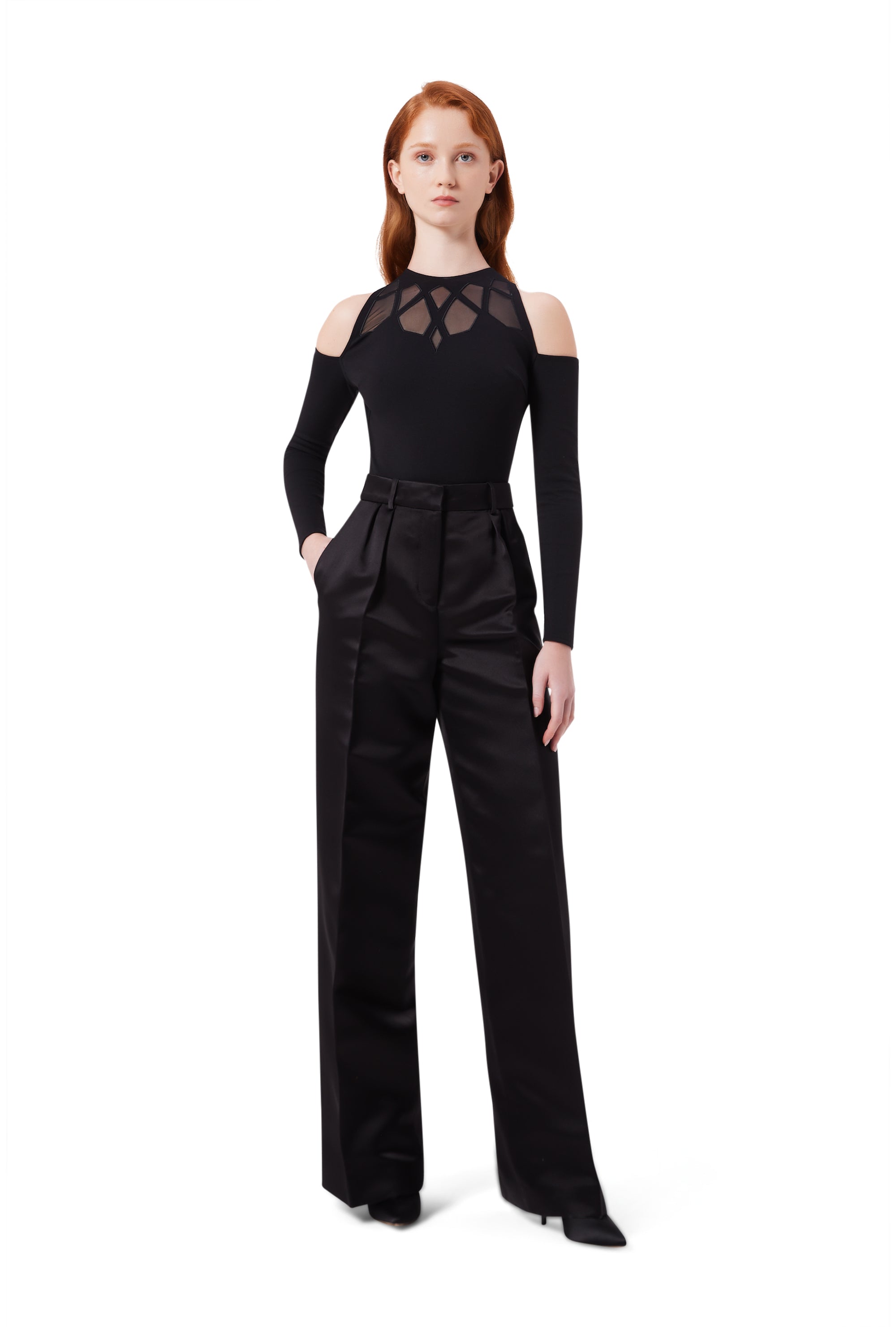 Lumière Off the Shoulder Mesh Bodysuit in Black