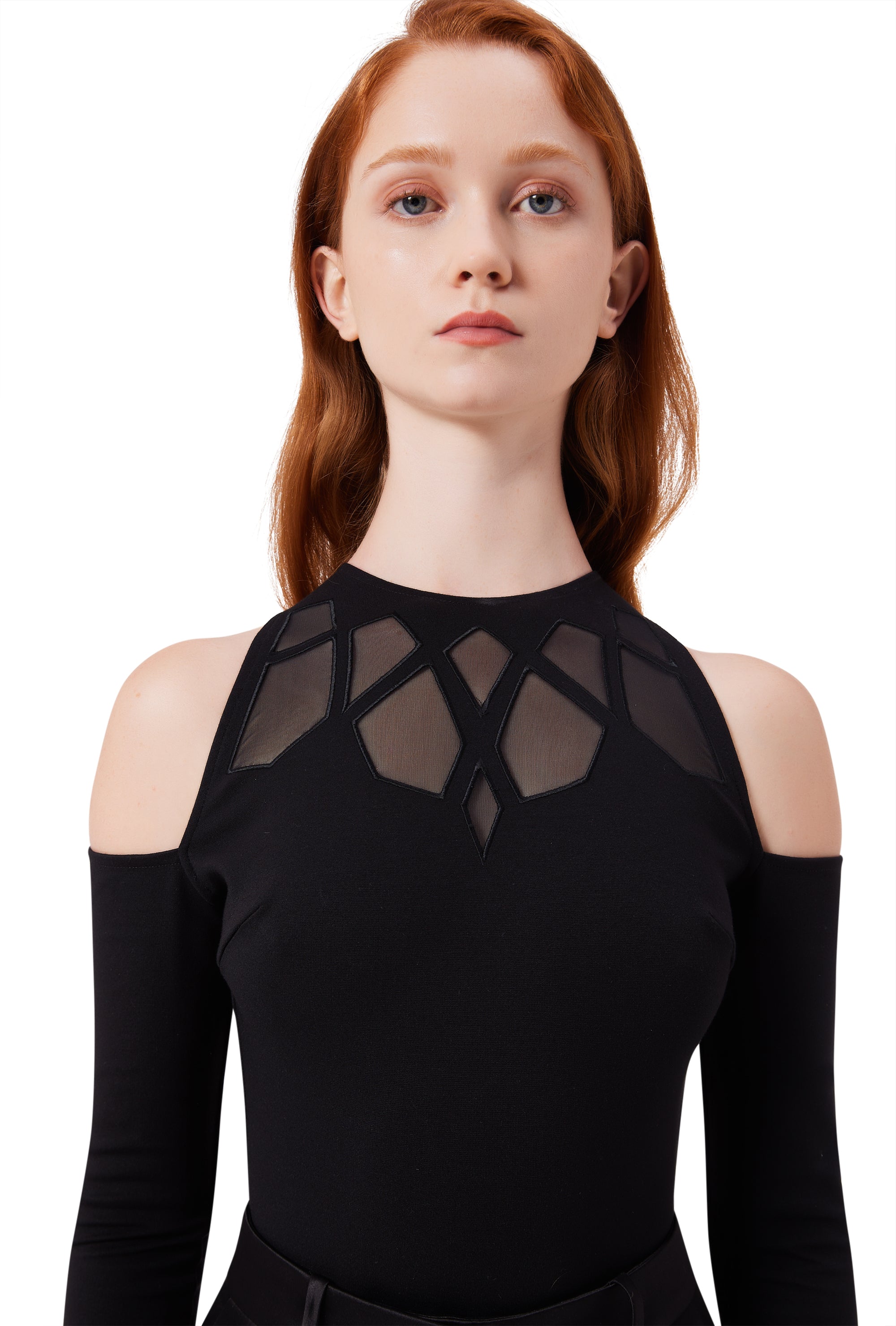 Lumière Off the Shoulder Mesh Bodysuit in Black