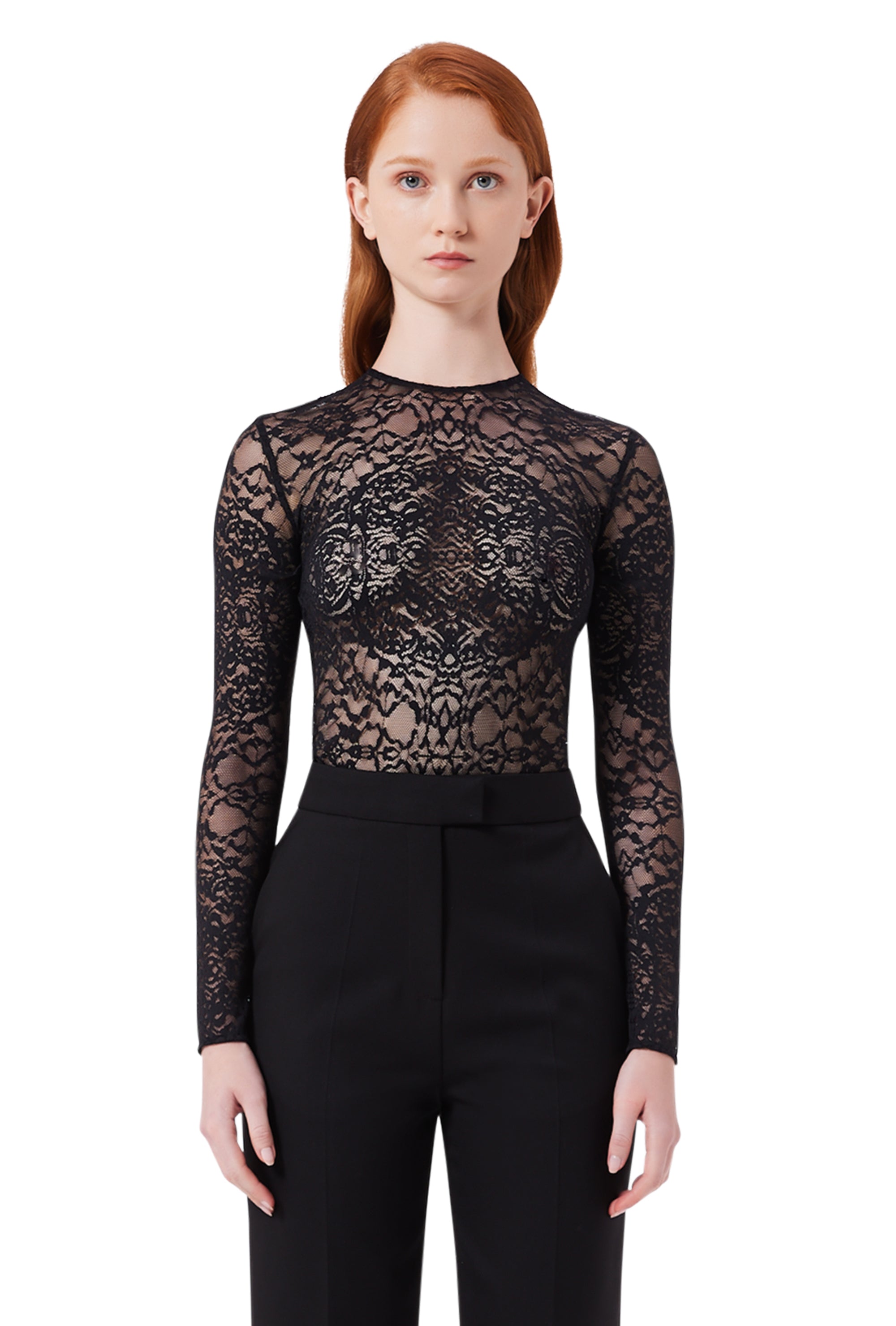 Helena Long Sleeve Lace Leotard in Black