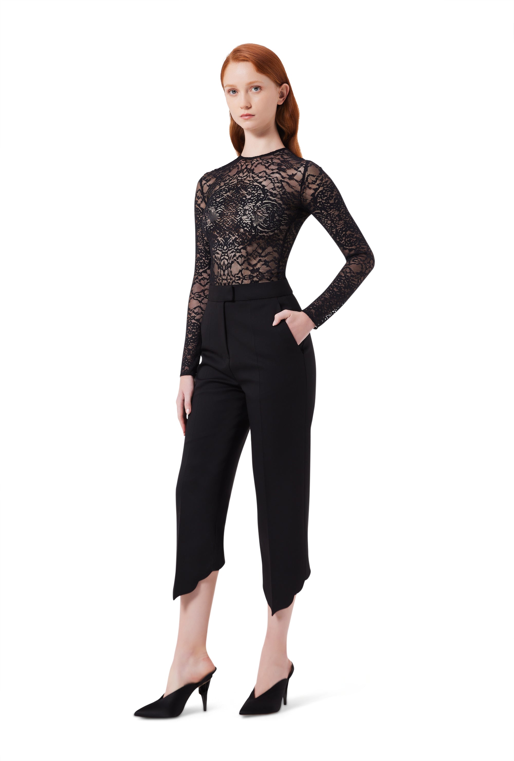 Helena Long Sleeve Lace Leotard in Black