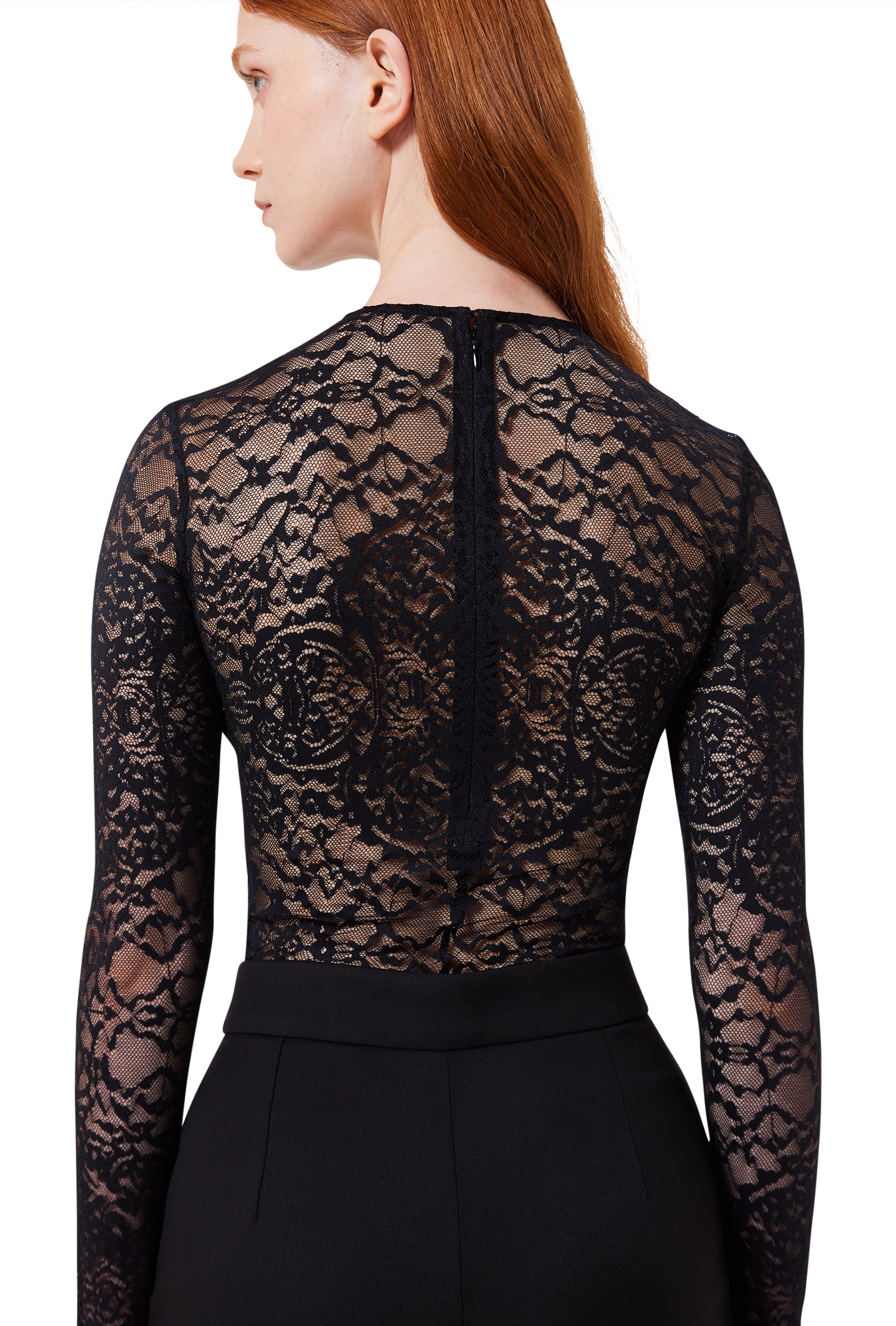 Helena Long Sleeve Lace Leotard in Black