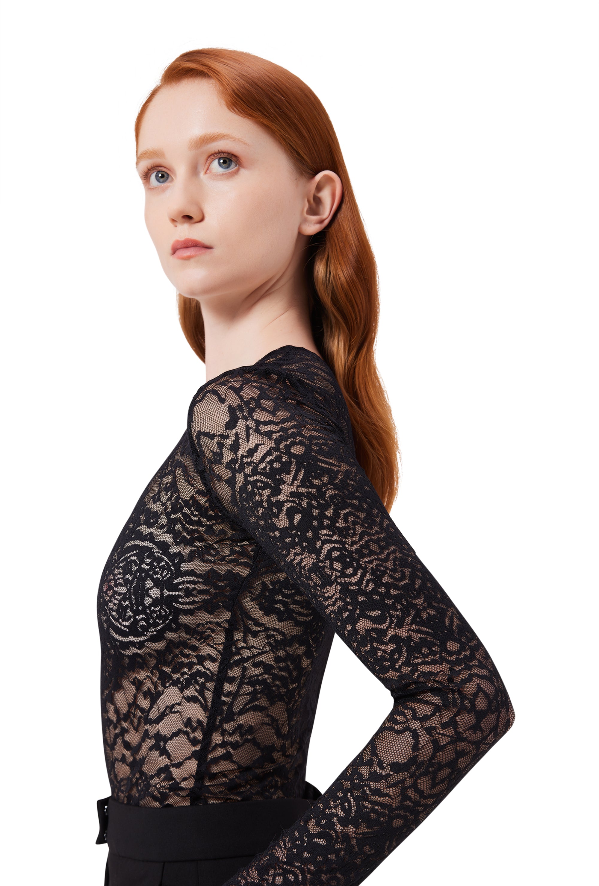 Helena Long Sleeve Lace Leotard in Black